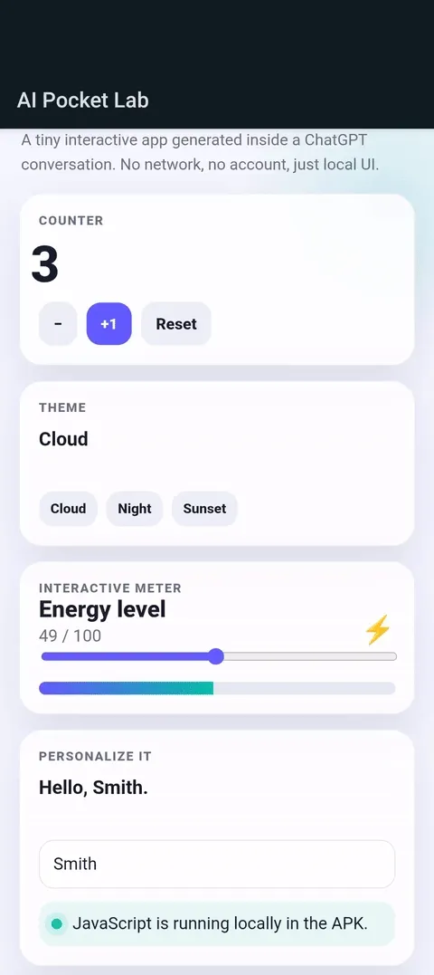 ChatGPTが生成した「AI Pocket Lab」の画面。カウンター、テーマ切り替え、スライダー、テキスト入力などのUIが表示されている